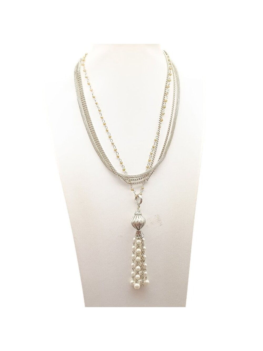 Vintage Silver-Tone Layered Chain Necklace With Faux Pearl Tassel Pendant Retro